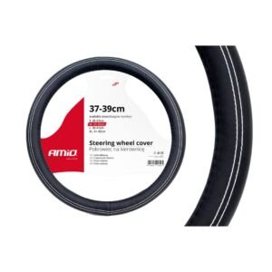 Amio - Κάλυμμα Τιμονιού Τύπου Swc-15-M διάσταση 37-39cm υλικό Δερματίνη χρώμα Μαύρο Με Λευκή Ραφή μέγεθος M για Επιβατικά Αυτοκίνητα - 1 τεμ. (01380/AM)