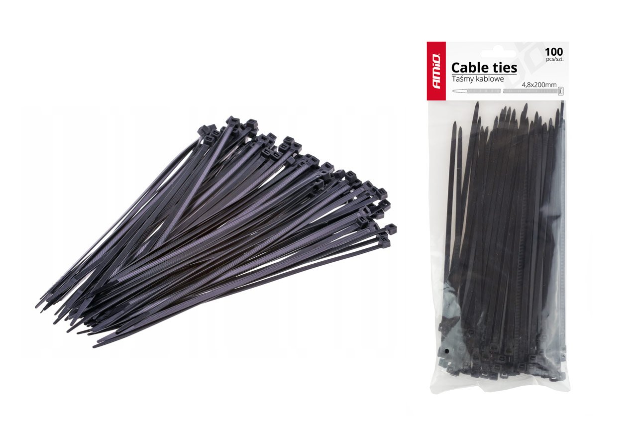 Amio – Δεματικά καλωδίων tie wrap 02155 μαύρα 4,8x200mm, ασφαλίστε και συγκρατήστε με απόλυτη στιβαρότητα κάθε βαριά πλεξούδα ή εξάρτημα – 100 Τεμ. (02155/AM)