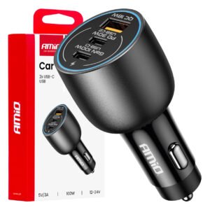 Amio - ΦΟΡΤΙΣΤΗΣ ΑΝΑΠΤΗΡΑ 12/24V ΜΕ 3 ΘΥΡΕΣ 2xUSB-C/1xUSB-A 95W 5V/3A ΤΑΧΕΙΑΣ ΦΟΡΤΙΣΗΣ ΑΛΟΥΜΙΝΙΟ/ΜΑΥΡΟΣ - 1 Τεμ. (04371/AM)