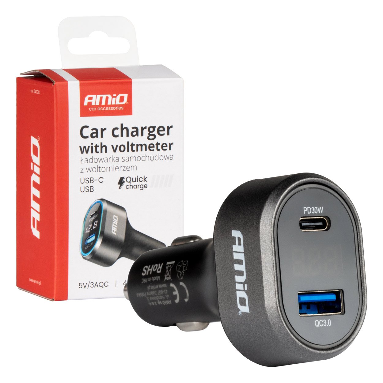 Amio - ΦΟΡΤΙΣΤΗΣ ΑΝΑΠΤΗΡΑ ΜΕ 2 ΘΥΡΕΣ USB-C+USB-A QUICK CHARGE 3.0 30W ΜΕ ΒΟΛΤΟΜΕΤΡΟ ΜΑΥΡΟ - 1 Τεμ. (04178/AM)