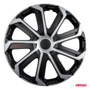 Amio - Σετ Τάσια Τροχών 15'' ιντσών, Μοντέλο EVO, Χρώμα Μαύρο / Ασημί – Σετ 4 τεμαχίων σε Κουτί (9757/AM)